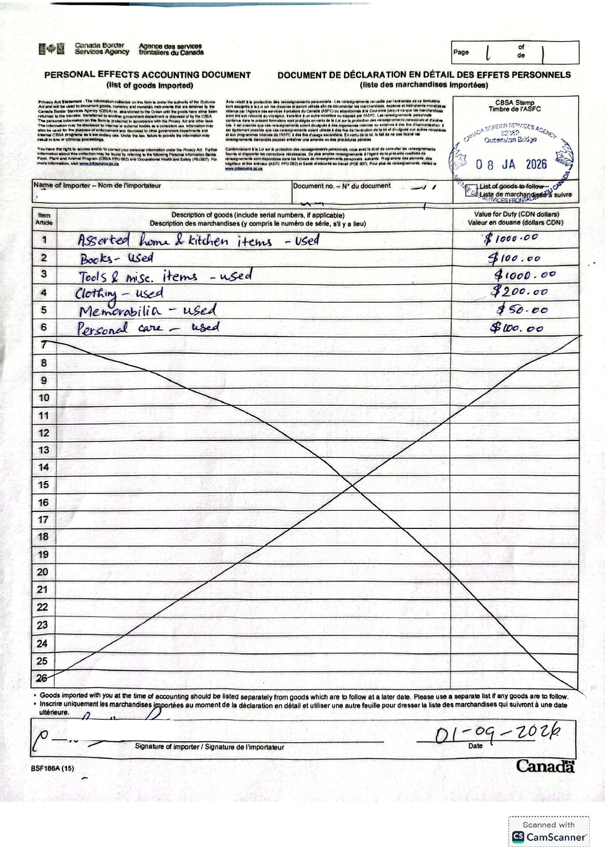 How to fill out inventory list BSF186A for Canadian customs