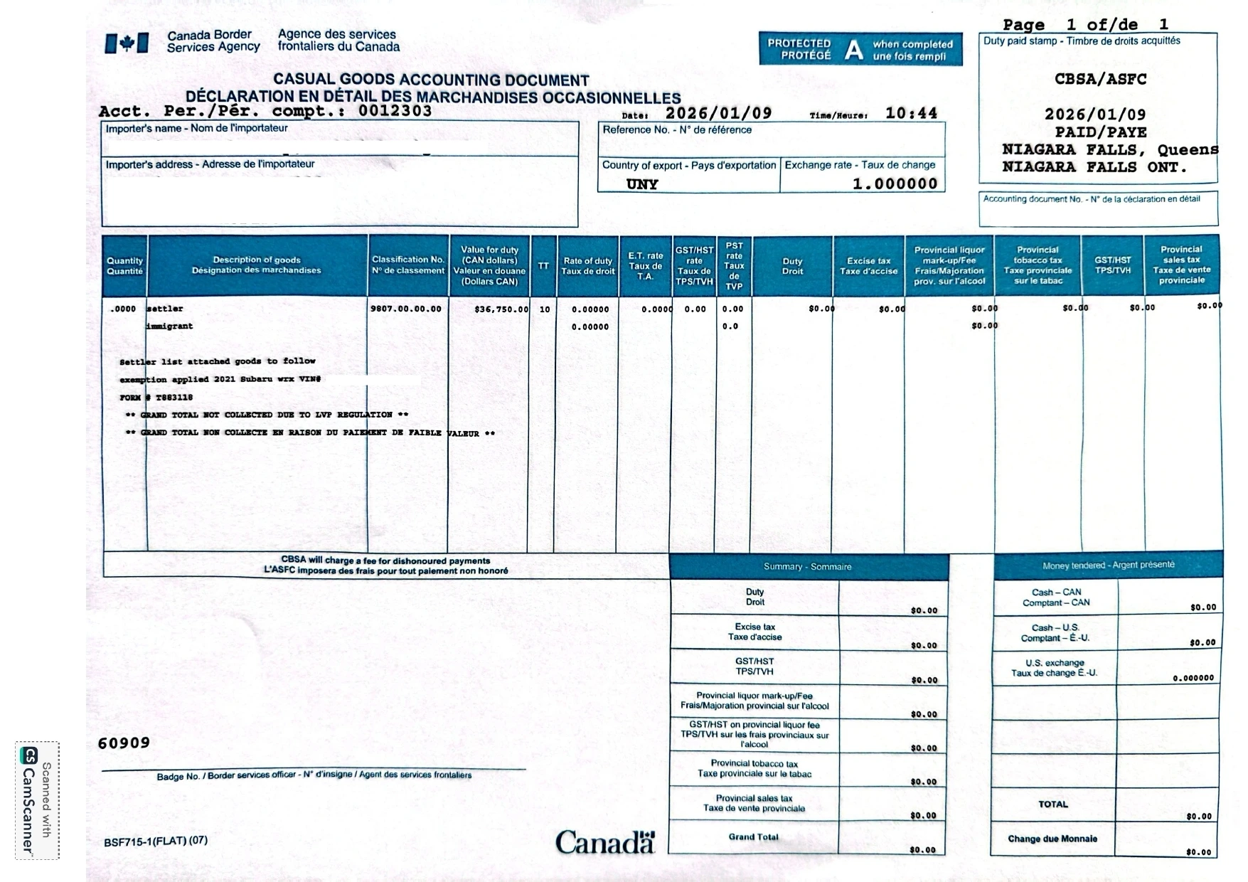 Official CBSA Casual Goods Accounting Document showing $0.00 tax receipt