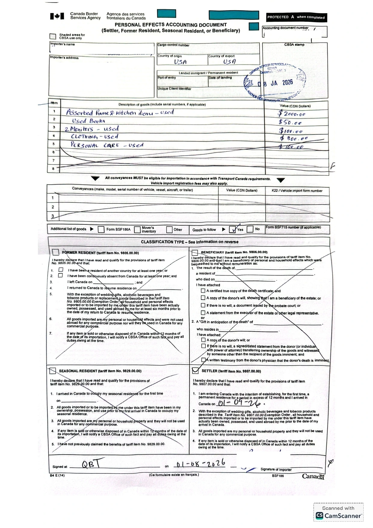 Sample of a filled out CBSA Form BSF186 for moving to Canada