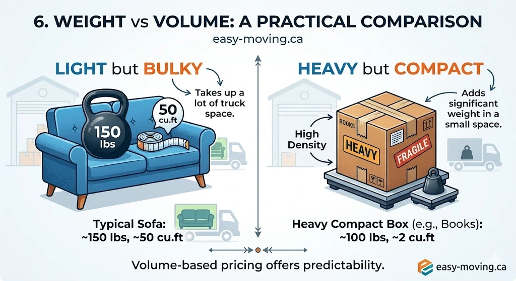Visual comparison between heavy compact items and light bulky items